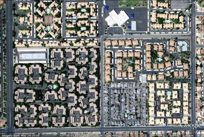 Vegas is dense but hostile to transit. Other places may be less dense yet more transit-friendly. Photo: Google Maps/Human Transit