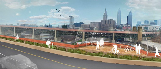 U.S. DOT's Roy Kienitz said that in some cases, federal funding should support reconstructing bridges to work for more than just cars. Concept for bike-ped path on Cleveland's Innerbelt Crossing: GreenCityBlueLake.