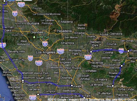 Metro will look at five corridors to convert HOV lanes to HOT lanes.  For a better look, visit our ##http://maps.google.com/maps/ms?ie=UTF8&hl=en&msa=0&ll=34.086787,-118.042603&spn=0.491332,1.091766&t=h&z=10&msid=101639407016372706927.000494fe23c1718325ab4##Google Map##