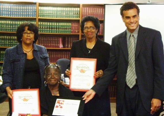 City Councilmember Jan Perry, Lillian Mobley, Pat Jones, Vice Chair of the South Los Angeles Client Advisory Council and Legal Aid Foundation Managing Attorney D. Malcolm Carson.