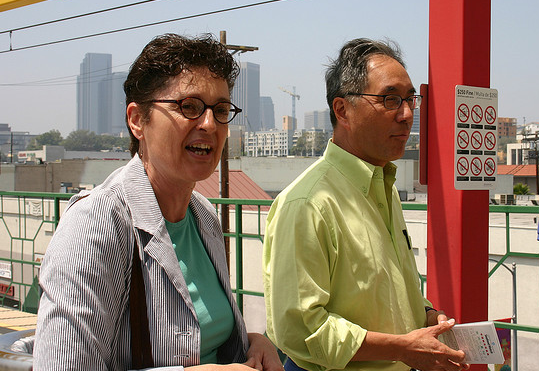 Former Livable Places Executive Director Beth Steckler and Woo at the Gold Line Little Tokyo Station in 2007.