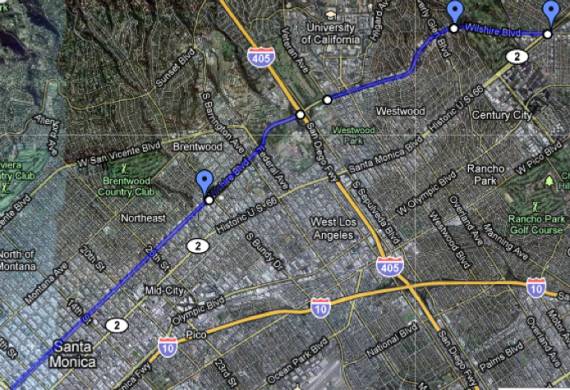 The blue represents the areas that community leaders want excluded from the Wilshire Bus Only Lanes project.