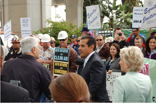 It's hard to imagine labor embracing 50-10 as they did 30/10.  Villaraigosa, pictured here with Congress Woman Jane Harman, addresses 30/10 at a labor rally last May.  Photo: ##http://www.flickr.com/photos/29300710@N08/##L.A. Streetsblog/Flickr##