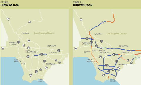 In 1990, when the HOV system looked as it did on the left, 15.5% of commuters carpooled.  The blue lines on the right are the current HOV system, but barely 11% carpool today.  Image: Metro 2009 Long Range Transportation Plan