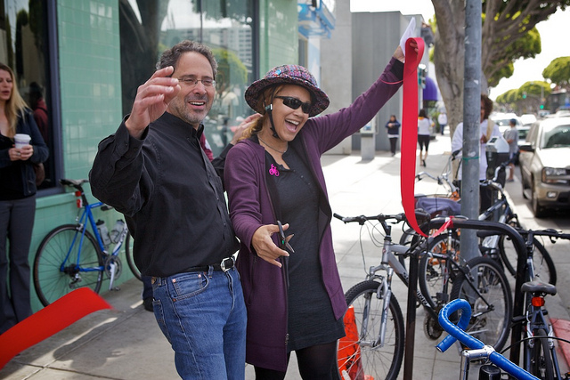 Santa Monica Spoke's Cynthia Rose and Santa Monica Mayor Richard Bloom cut the ribbon.  Photo: ##http://www.flickr.com/photos/garyseven/sets/72157629669284695/with/7013165951/##Gary Rides Bikes/Flickr##