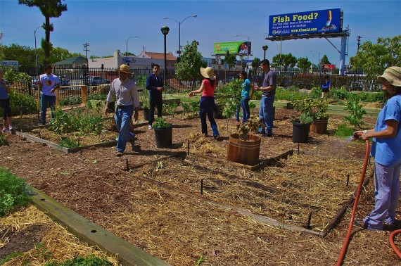 Students from Lincoln Heights and South L.A. finish up their morning work session in CSU's urban farm at the Expo Center. Sahra Sulaiman/Streetsblog L.A.
