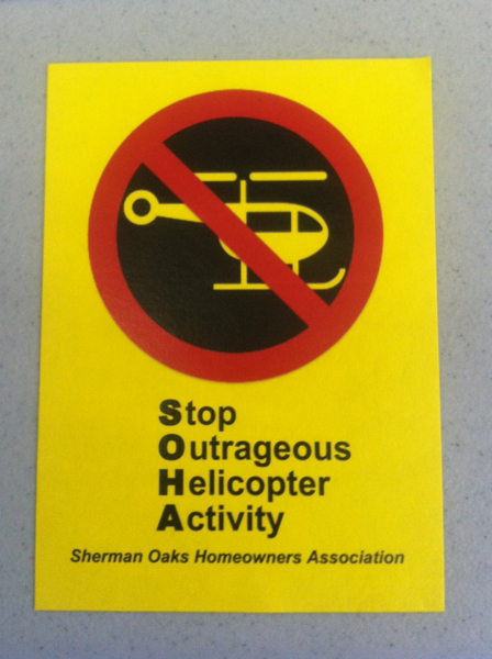 Sherman Oaks Homeowners Association gave out these stickers at the helicopter activity town hall meeting yesterday. Kris Fortin/LAStreetsblog