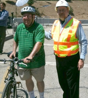 While hardly a regular cyclist these days, Koretz has a lot of miles on his legs. Here he's posing on the 405 after a short bike ride during Carmageddon I. Photo:##http://www.scpr.org/news/2011/07/16/27755/405-shutdown-carmageddon-live-updates/##KPCC##
