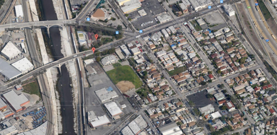 The two halves of the Downey Rec Center sit astride Broadway. Google map screenshot.