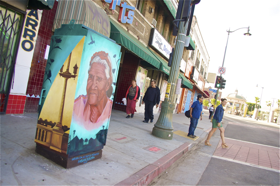 La Abuelita de Boyle Heights by Fabian Debora turns a blind eye to your jaywalking. Sahra Sulaiman/LA Streetsblog