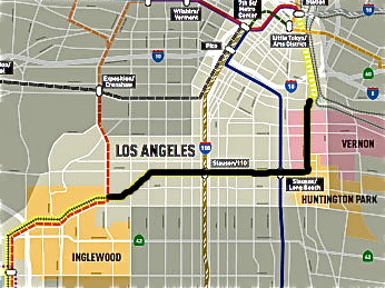 The bike and pedestrian paths would run along the Harbor Subdivision tracks, starting just north of Vernon, at Washington, heading south parallel to Santa Fe, heading west at Slauson, and taking a turn southward near Western. It would end at the Crenshaw Line stop at Florence. (map taken from 2008 Harbor Division study)