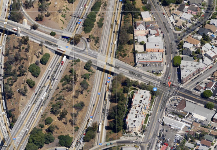 The bridge ends with the towers, at left. The intersection of Boyle and Whittier is marked by the red pointer, at right. (Google map screen shot)