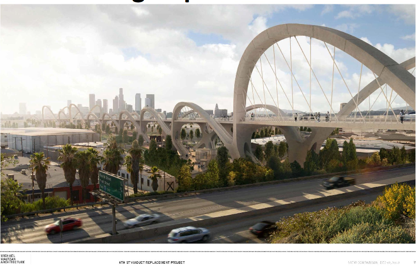 Not bad, right? Mock-up of the bridge from where it begins in the east, straddling the 101 fwy. Source: Sixth Street Viaduct Replacement Project