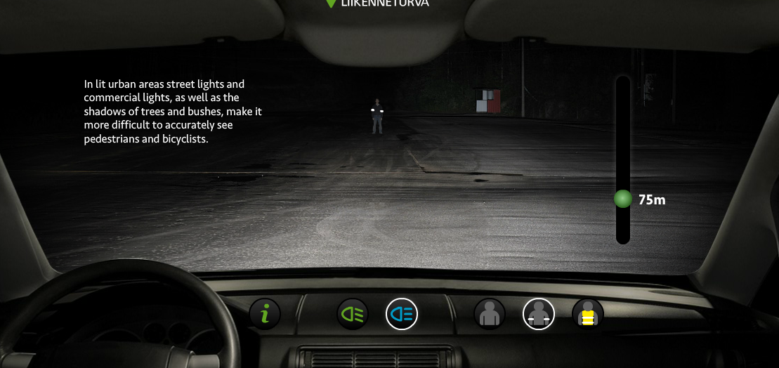 Screen shot of Liikenneturva webpage, where you can get a look at how well drivers can see you at night from various distances. http://extrat.liikenneturva.fi/heijastin/en/