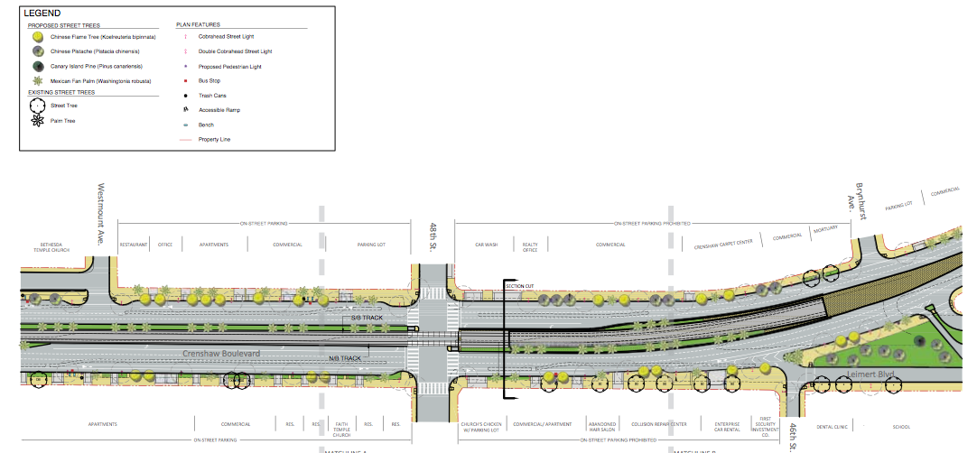 Plans for a section of Crenshaw where the train will run above ground. (Screen shot of streetscape plans)