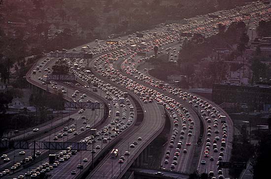 Heckuva job, Caltrans. Image:##http://kids.britannica.com/comptons/art-124808/Traffic-on-the-Los-Angeles-freeways-is-frequently-bumper-to##Kids Britannica##