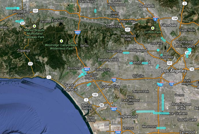 Screenshot of streets where LADOT announced new sharrows for 2013. Click to go to Google Map.