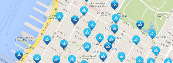 NYC Citibike stations are located every few blocks in lower Manhattan