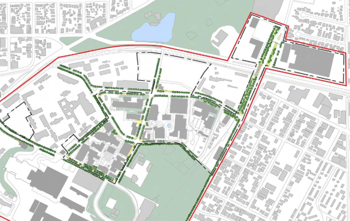 Trees, pedestrian lighting, enhanced sidewalks, and USC gateways (red and yellow flowers and markers announcing USC entrances) are planned. Source: USC HSC Master Plan