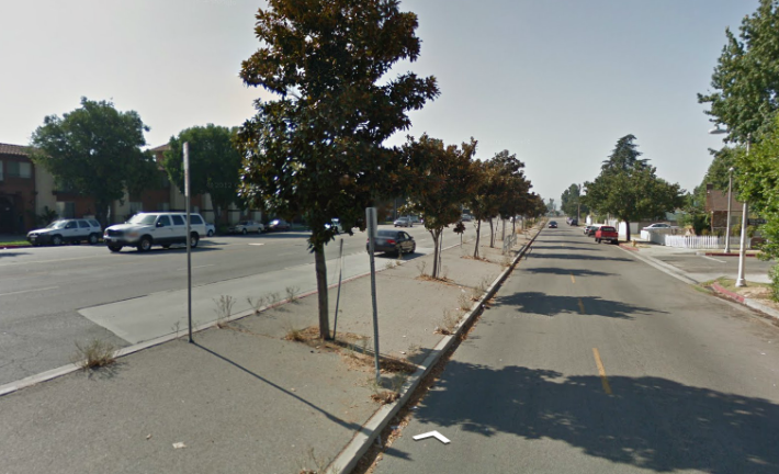 Woodman Avenue's asphalt media prior to its retrofit project. source: Google street view