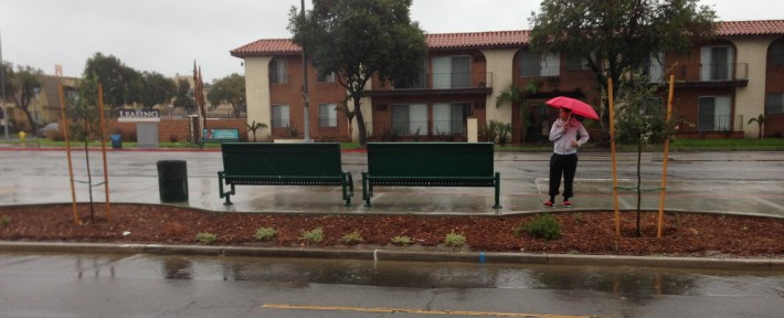 New bus stop seating on Woodman Avenue. photo: Joe Linton/LA Streetsblog