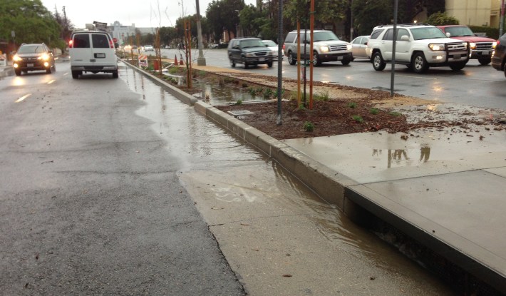 Downstream end of Woodman Avenue project where excess runoff leaves the swale and enters a storm drain. photo: Joe Linton/LA Streetsblog