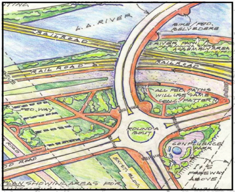 Diagram of new Riverside Figueroa Bridge, bike paths, and confluence park spaces