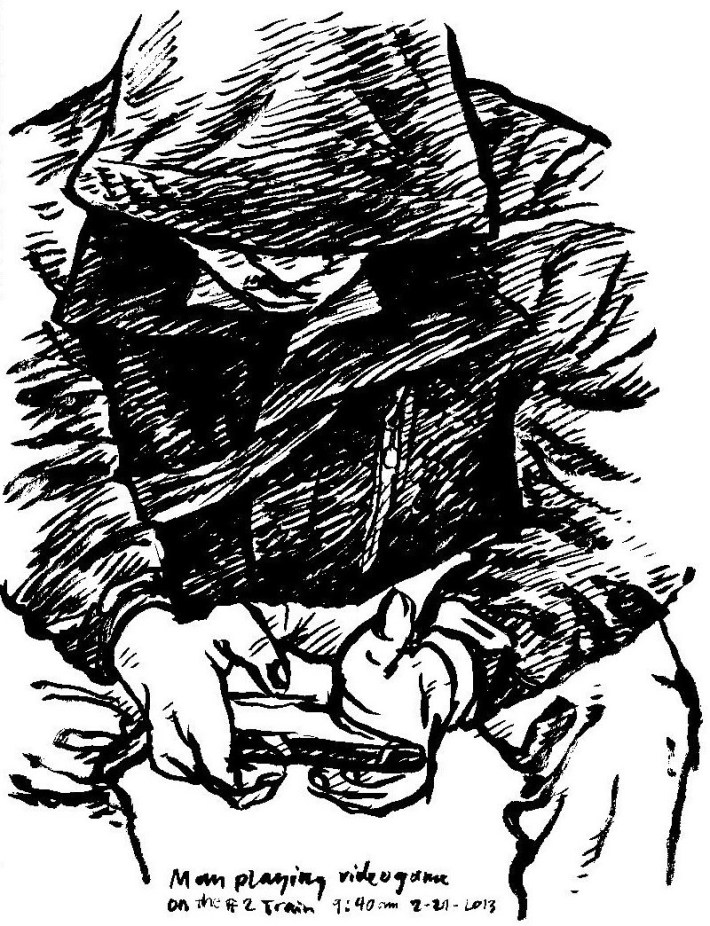 Sketch of man playing a videogame, 2013