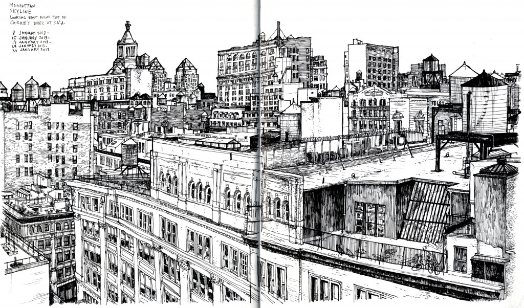 Drawing of New York City from roooftop, 2013