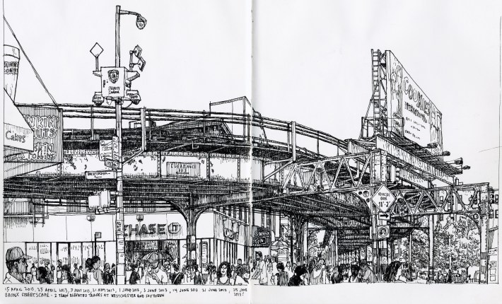 Drawing of Bronx streetscape with elevated subway tracks, 2013