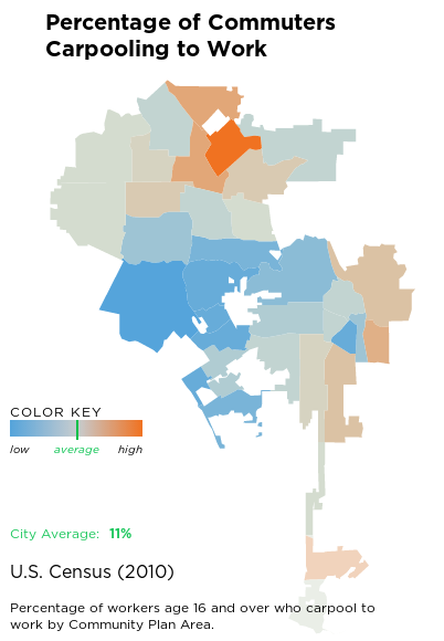 Screenshot of interactive Health Atlas map showing carpooling percentages throughout Los Angeles. Orange areas have the most carpooling, blue areas the least.