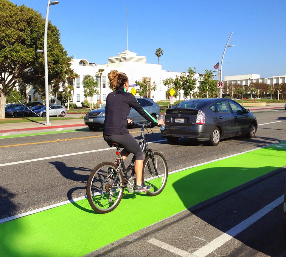 New green bike lanes in front of Santa Monica City Hall - photo: Richard McKinnon via fb