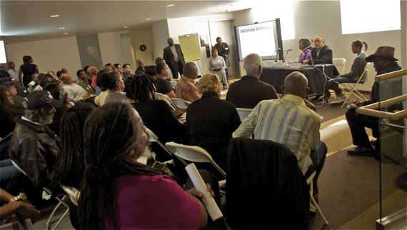 The Re-Branding/Marketing panel at the Leimert Design Charrette featuring Armen Ross (President, Crenshaw Chamber of Commerce), Jan Perry (General Manager, EDD), and Darrell Brown (Senior Vice President Consumer Banking, US Bank). Sahra Sulaiman/LA Streetsblog