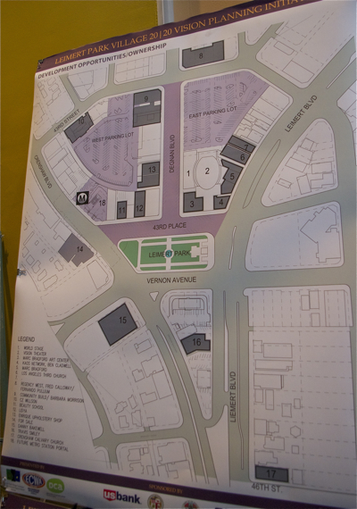 The heart of Leimert Park Village, the proposed Metro station site, and sites owned by community members. The pop-up plaza will be set up at the corner of 43rd Pl. and Leimert Blvd. Sahra Sulaiman/LA Streetsblog