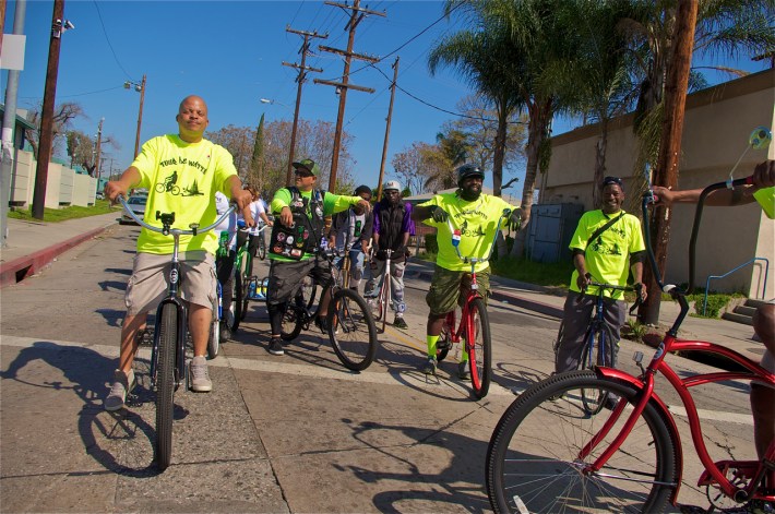 A new form of leadership in Watts. Charles Standokes, Javier Partida, John Jones III, Fredrick Buggs, and Ronnie Parker (on the red bike just out of frame). Sahra Sulaiman/LA Streetsblog