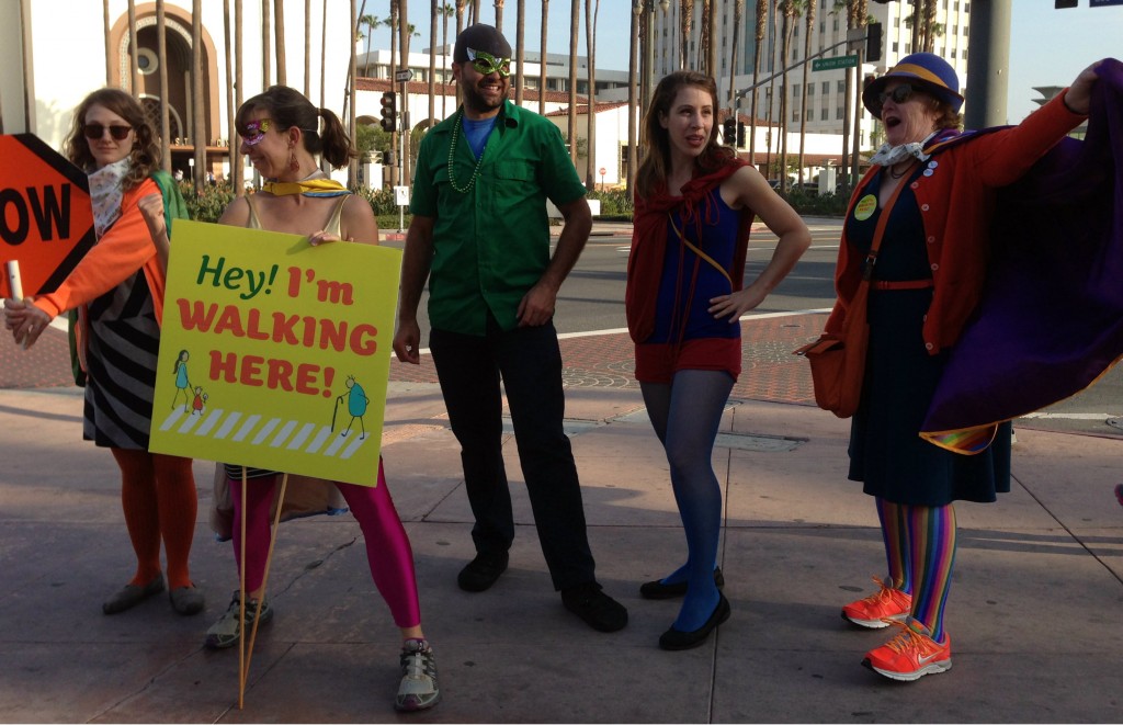 Why did the Superhero walk across the road? To be on the safe side. photo: Joe Linton/LA Streetsblog