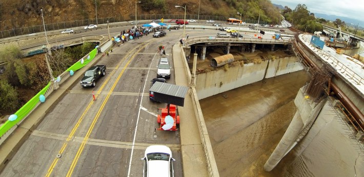 Landbridge proponents staged a pop-up party on the Riverside Figueroa Bridge over the Los Angeles River. The new replacement bridge is on the