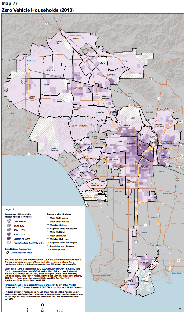 From the Plan for a Healthy Los Angeles Health Atlas, map of zero vehicle households - click to go to health atlas website