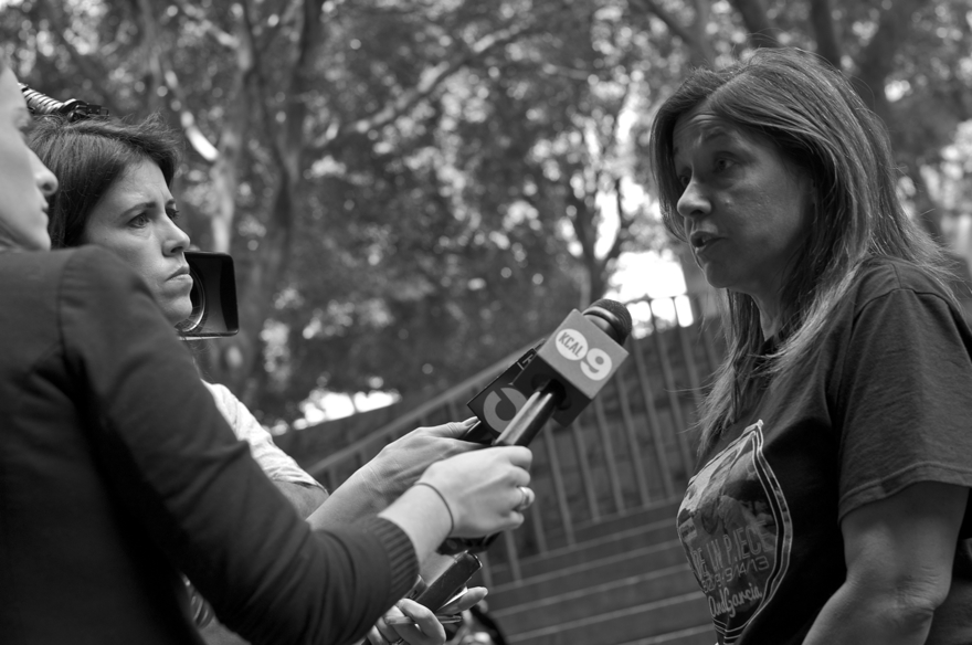 Carmen Tellez, mother of hit-and-run victim, speaks to local news outlets following the sentencing hearing for Wendy Villegas. Sahra Sulaiman/Streetsblog L.A.