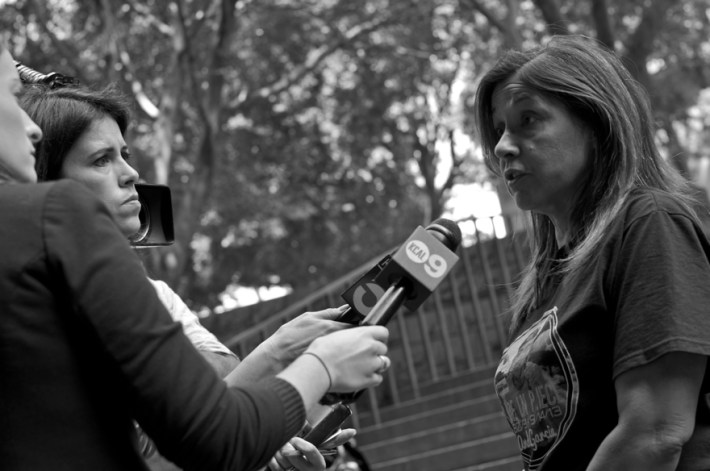 Carmen Tellez, mother of hit-and-run victim, speaks to local news outlets following the sentencing hearing for Wendy Villegas. Sahra Sulaiman/Streetsblog L.A.