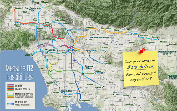 The dotted blue lines represent Move L.A.'s proposal for expanded rail lines throughout L.A. County.