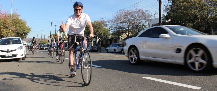 Councilmember Mitch O'Farrell celebrates the January 2014 opening on the Virgil Avenue bicycle lanes. Los Angeles is beginning technical studies to extend these lanes from Los Feliz Blvd to Wilshire Blvd. Photo: Office of CM Mitch O'Farrell