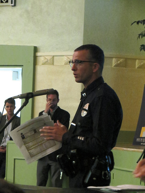 Los Angeles Police Department Captain Jeff Bert testifies against North Figueroa bicycle lanes at Councilmember Cedillo's Bike Lane Community Meeting on May 8, 2014