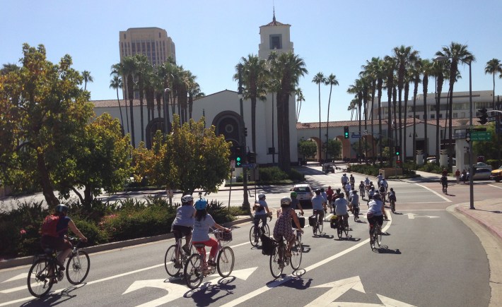 Cyclists descent into Los Angeles Union Station at the end of this morning's Bike Week Guided Ride. More ride photos on SBLA Facebook page. Photo: Joe Linton/Streetsblog L.A.