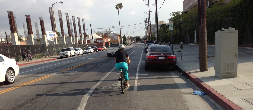 Bike lanes on Grand Avenue at L.A. Trade Tech College. photo: Joe Linton/Streetsblog L.A.