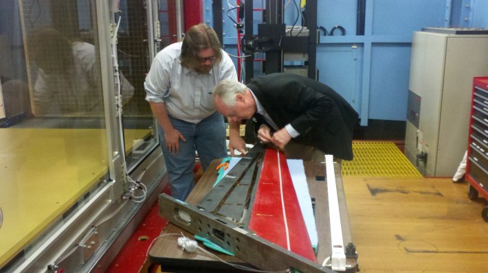 Kim Aaron and Emilio Graff Study a wing at the Lucas Wind Tunnel at Caltech