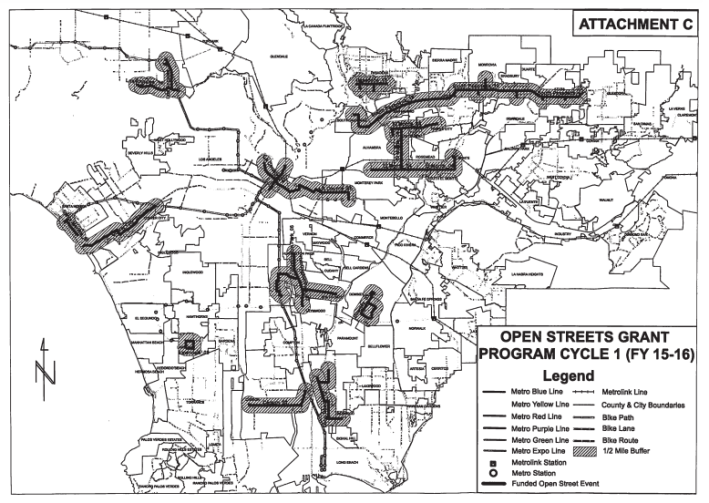 Map of upcoming FY 2015 and 2016 Los Angeles County open streets event. From Metro document