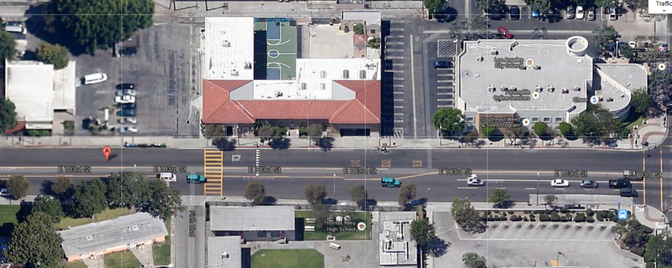 The rec center (old library) is at left. The YO! Watts building is at center, left (the right portion of the building is a boarded up firehouse). At right is the Chase Bank Bldg., where the councilman's current office is located. (Google maps)
