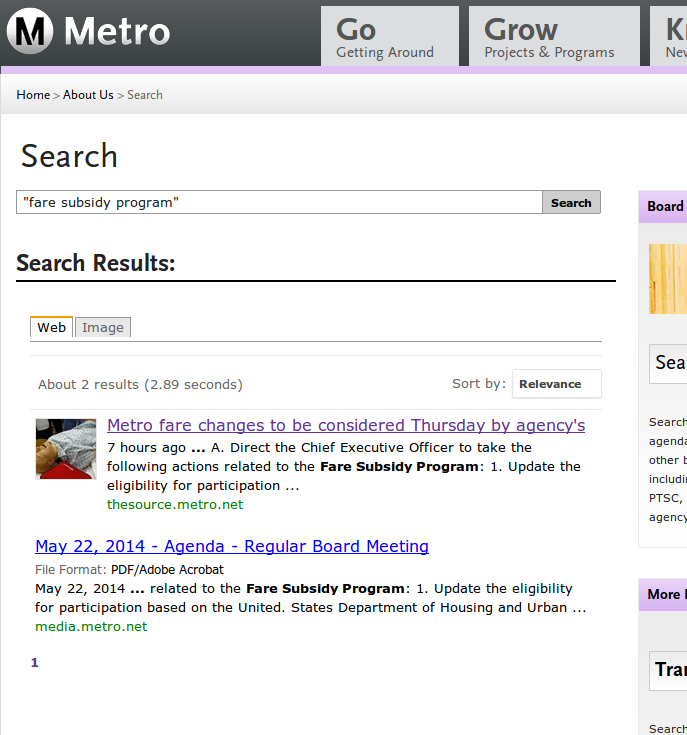 Searching for the elusive Metro "Fare Subsidy Program" - screenshot from this morning