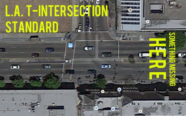 Example of how Los Angeles does only two of three legs of its T-intersections. Image: Google Maps